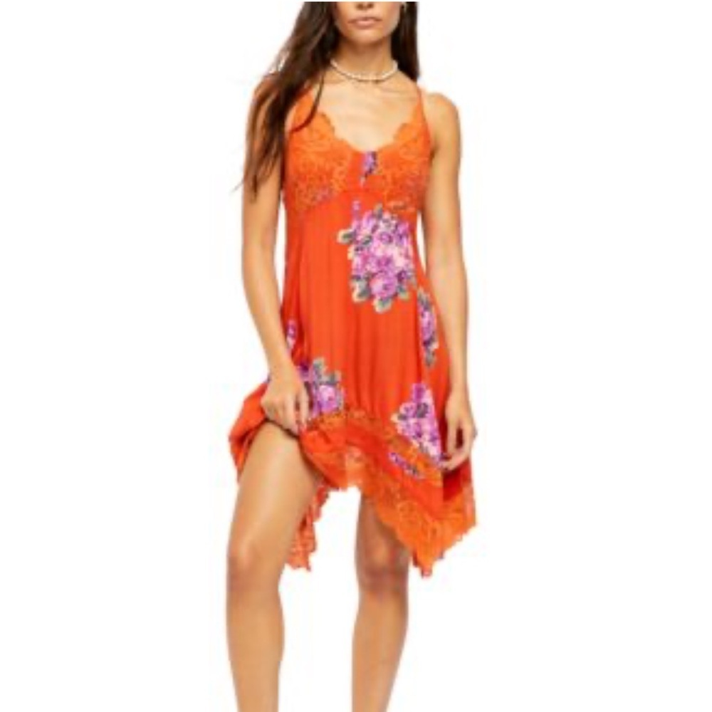 Free People Orange Table For 2 Trapeze Floral Asymmetrical Mini Dress | M - Picture 1 of 9